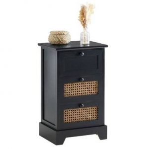 Chiffonnier ROSHNI 3 tiroirs, en bois lasuré noir et rotin