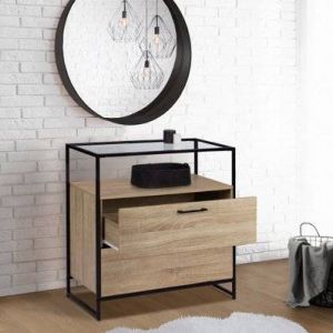 Commode Siena - 2 tiroirs - plateau en verre - 80 x 40 x 80 cm - bois & noir mat