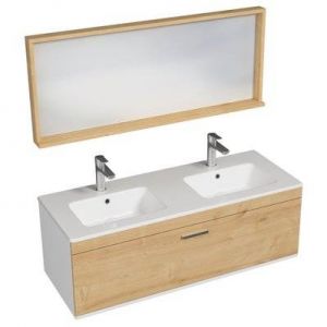 RUBITE Meuble salle de bain double vasque 1 tiroir ch&ecirc;ne clair largeur 120 cm + miroir cadre
