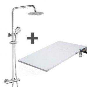 Pack Receveur de douche 90 x 150 cm extra plat blanc + Colonne de douche thermostatique chrom&eacute;e