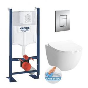 Pack WC Vitra GROHE Sento sans bride - Rapid SL autoportant NF - plaque Skate Cosmo chrome (ProjectSento-1/BP)