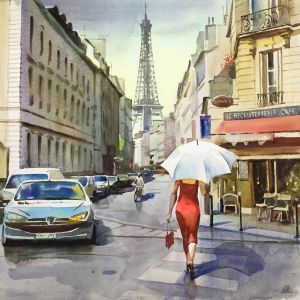 Peinture La petite robe rouge par Khodakivskyi Vasily | Tableau Figuratif - Aquarelle - Urbain