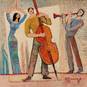 Peinture AN51 Les musiciens et la danseuse par Burgi Roger | Tableau Figuratif - Acrylique - Scènes de vie