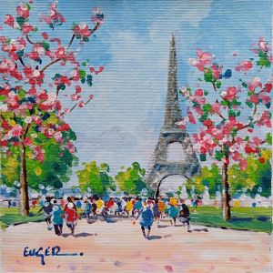 Peinture PRINTEMPS A LA TOUR EIFFEL par Euger | Tableau Figuratif - Acrylique - Paysages, Urbain, Société
