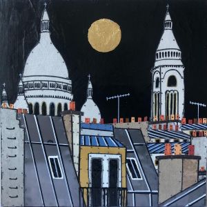 Peinture Montmartre Addict par Lovisa | Tableau Figuratif - Posca, Upcycling, Acrylique, Collage, Feuille d'or - Urbain