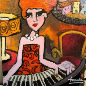 Peinture Pianiste &agrave; la robe orange par Fauve | Tableau Figuratif - Acrylique - Sc&egrave;nes de vie