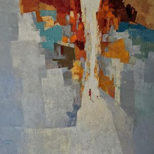 Peinture Le chien rouge par Tomàs | Tableau Abstrait - Huile - Scènes de vie, Urbain