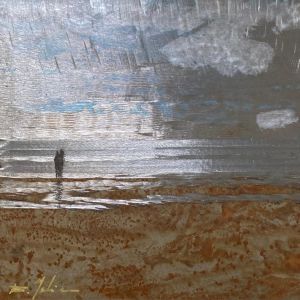 Peinture Couple plage du L’ido 3 par Mahieu Bertrand | Tableau Figuratif - Métal - Marine, Paysages