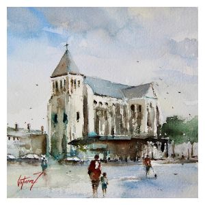 Peinture Tours - L'église Saint Julien par Gutierrez | Tableau Impressionnisme - Aquarelle - Urbain