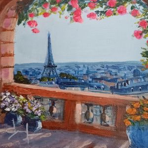 Peinture Terrasse avec vue sur la tour Eiffel par Degabriel Véronique | Tableau Réalisme - Huile - Paysages, Scènes de vie, Urbain