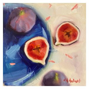 Peinture Figues sur une assiette bleue par Aubert Nawel | Tableau Figuratif - Huile - Natures mortes