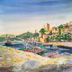 Peinture Collioure colorée 2 par Hoffmann Elisabeth | Tableau Figuratif - Aquarelle - Paysages, Urbain, Marine