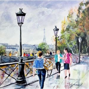 Peinture Tour Eiffel Pont des Arts par Lallemand Yves | Tableau Figuratif - Acrylique - Urbain, Scènes de vie
