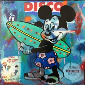 Peinture Mickey surf par Kikayou | Tableau Pop-art - Acrylique, Collage, Graffiti - Icones Pop