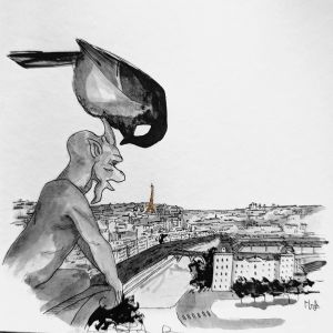 Peinture Gargouille par Mü | Tableau Figuratif - Encre, Feuille d'or - Urbain, Animaux, Noir &#38; blanc