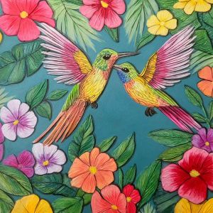 Peinture Colibris phosphorescent par Geiry | Tableau Matiérisme - Acrylique, Pigments, Poudre de marbre - Animaux, Minimaliste