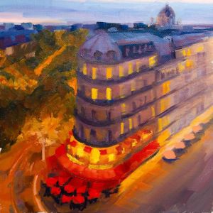 Peinture Bistrot et toits parisiens par Eugène Romain | Tableau Figuratif - Huile - Paysages