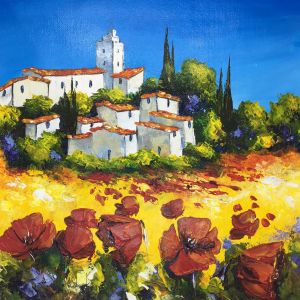 Peinture Village proven&ccedil;al aux coquelicots par Sabourin Nathalie | Tableau - Huile