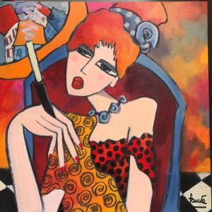 Peinture Femme à la robe rouge par Fauve | Tableau Figuratif - Acrylique - Scènes de vie