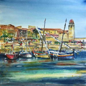Peinture Collioure colorée par Hoffmann Elisabeth | Tableau Figuratif - Aquarelle - Marine