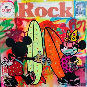 Peinture Mickey et minnie surf par Kikayou | Tableau Pop-art - Acrylique, Collage, Graffiti - Icones Pop