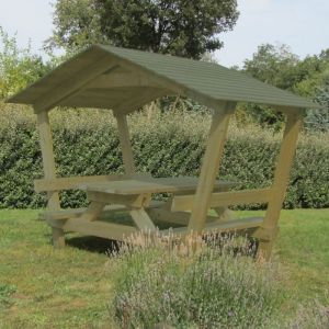 Table Pique Nique banc avec Toit - Pin classe 4 - 2.08 m x 2 m- Livrée monter à sceller