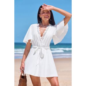 Robe cover up courte blanche tissée garniture en dentelle