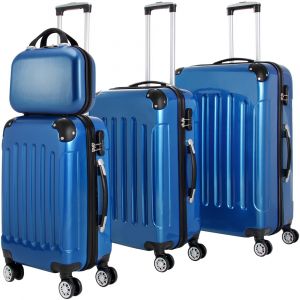 Ensemble Valise rigide 4pcs Bleu Lot de 4 bagage avec Vanity et Cadenas Malle