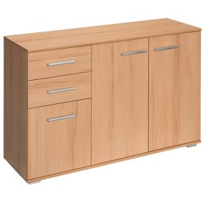 Buffet commode h&ecirc;tre avec 3 portes 2 tiroirs Meuble de rangement 107 x 75 x 35cm
