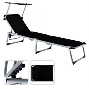 Chaise longue transat pliant petit parasol soleil dossier jardin noir plage