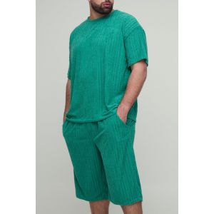 Grande taille - Ensemble oversize en tissu éponge à motif jacquard avec t-shirt et short homme - vert - 2XL, vert