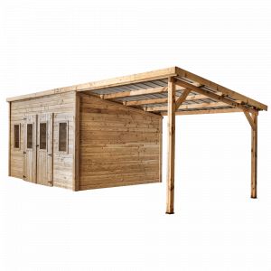 Abri Madriers avec b&ucirc;cher fabriqu&eacute; en douglas massif bois Fran&ccedil;ais naturellement durable / 28 mm / Toit monopente couverture plaques t&ocirc;le acier galva