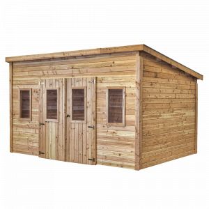 Abri Madriers fabriqu&eacute; en douglas massif bois Fran&ccedil;ais naturellement durable / 28 mm / Toit monopente couverture plaques t&ocirc;le acier galvanis&eacute; S 320 G