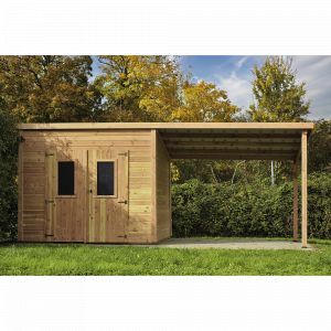 Abri Madriers bois massif / 28 mm / surface ext&eacute;rieur 18,06 m2  / Toit monopente / Toiture plaques polycarbonate