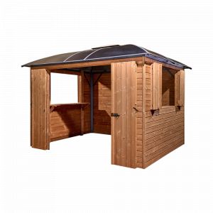 Gloriette aluminium et bardage bois THT - Surface 10,80 m&sup2; - Toiture polycarbonate Dim.l 300 x L 360 x H 280 cm