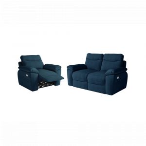 PACK - Canap&eacute; de relaxation ROSS &eacute;lectrique 2 places et fauteuil en tissu textur&eacute; 3D - Bleu fonc&eacute;