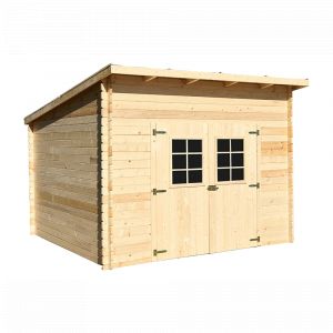 Abri Madriers bois massif / 28 mm / surface ext&eacute;rieur 9,09 m2 / Toit monopente / toiture plaques polycarbonate double peau