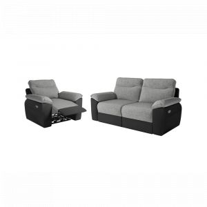 PACK - Canap&eacute; de relaxation ROSS &eacute;lectrique 3 places et fauteuil en tissu et simili - Noir/Gris