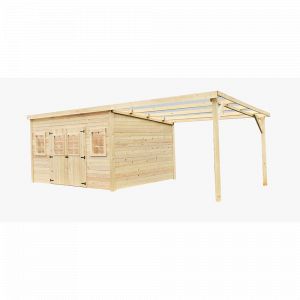 Abri Madriers bois massif / 28 mm / surface ext&eacute;rieur 21,05 m2 avec bucher /Toit monopente / Toiture plaques polycarbonate double peau / Fabriqu&eacute; en