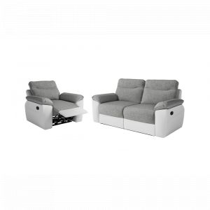 PACK - Canap&eacute; de relaxation ROSS manuel 3 places et fauteuil en tissu et simili - Blanc/Gris