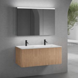 neoro n50 Meuble bas l: 120 cm, 1 tiroir, façade en chêne lisse, plan vasque double avec 2 trous de robinetterie, blanc mat, avec armoire de toilette, BN0098WM+BN0434BFO+BN0475MI,