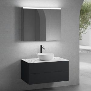 neoro n50 Meuble bas l: 100 cm, 2 tiroirs, vasque &Oslash; 45 cm blanc mat, avec armoire de toilette,, BN0106WM+BN0423BM+BN0403C1+BN0474MI,