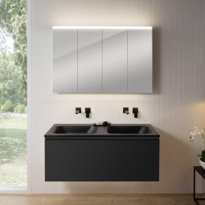 rivea Dia Meuble sous-vasque l : 121 cm, 1 tiroir, double vasque sans trou de robinetterie, noir mat, avec armoire de toilette n50, BR0039BM+BR0057BM+BN0510MI,