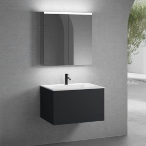 neoro n50 Meuble bas l: 80 cm, 1 tiroir, vasque blanche mate avec 1 trou de robinetterie, avec armoire de toilette,, BN0094WM+BN0432BM+BN0473MI,