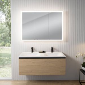 rivea Dia Meuble sous-vasque l : 121 cm, 1 tiroir, double vasque à 2 trous de robinetterie, blanc, avec armoire de toilette n60, BR0039SO+BR0052WH+BN0494MI,