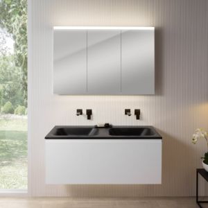 rivea Dia Meuble sous-vasque l : 121 cm, 1 tiroir, double vasque sans trou de robinetterie, noir mat, avec armoire de toilette n50, BR0039WM+BR0057BM+BN0475MI,