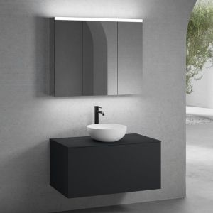 neoro n50 Meuble bas l : 100 cm, 1 tiroir, vasque &Oslash; 40 cm blanc mat, avec armoire de toilette,, BN0064WM+BN0433BM+BN0403BM+BN0474MI,