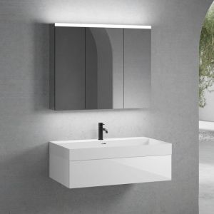 neoro n50 Meuble bas l : 100 cm, 1 tiroir, vasque blanc mat avec 1 trou percé, avec armoire de toilette,, BN0139WM+BN0413WH+BN0474MI,