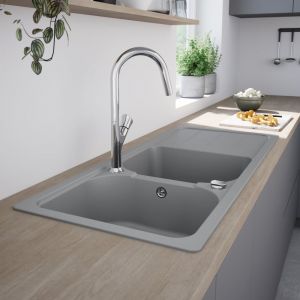 evineo line 100 Évier de cuisine avec deux cuves et surface de dépose l: 116 P: 50 cm, FOD200GR,