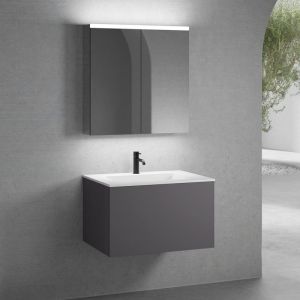 neoro n50 Meuble bas l: 80 cm, 1 tiroir, vasque blanche mate avec 1 trou de robinetterie, avec armoire de toilette,, BN0094WM+BN0432GR+BN0473MI,